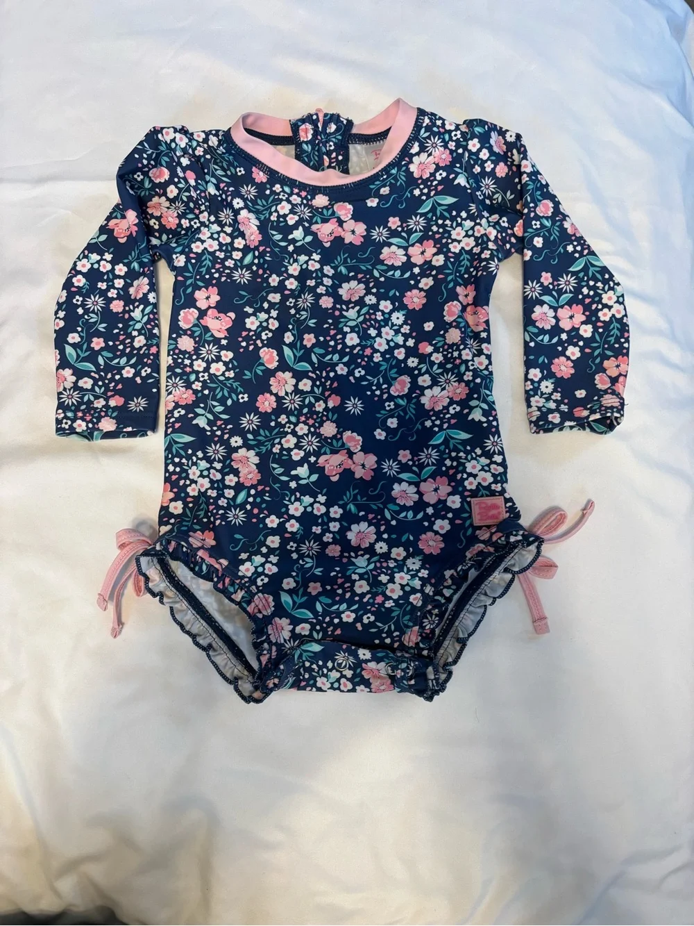 Ruffle Butts Navy Floral Long-Sleeve One-Piece with Pink Trim